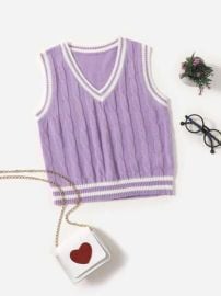 Girls Cable Knit Striped Trim Sweater Vest  SHEIN USA at Shein