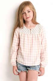 Girls Crochet-Panel Checked Top in pink at Forever 21