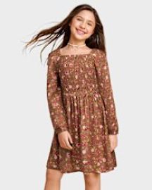 Girls Long Sleeve Floral Smocked Dress - BROWN The Childrenx27s Place at The Childrens Place