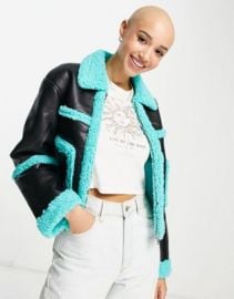 Glamorous cropped aviator coat in faux leather with blue trim at ASOS