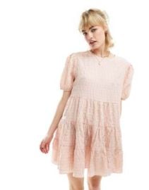 Glamorous short sleeve pleated smock dress in seersucker pink plaid at ASOS