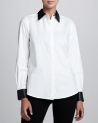 Go Silk Shirt with Faux Leather Trim Womens at Neiman Marcus