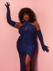 Golden Era Gown in Midnight Blue Sparkle Vintage Inspired Dress at Vixen by Micheline Pitt