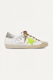 Golden Goose - Superstar distressed neon-trimmed leather  suede and canvas sneakers at Net A Porter