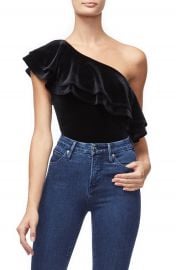 Good American Ruffle One-Shoulder Velvet Bodysuit  Regular  amp  Plus Size at Nordstrom