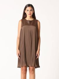 Gracia Pleather Spliced Sleeveless Pleated Yoke Dress at Gracia