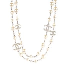 Graduated Pearl Crystal Twisted CC Long Necklace at Fashionphile