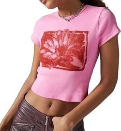 Graphic Baby Tees for Women Teenagers Y2k Flower Print Crop Tops Vintage 90s Aesthetic Grunge Tees Summer Shirts at Womens Clothing store at Amazon