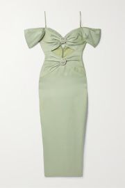 Gray green Off-the-shoulder embellished lace-paneled satin-crepe midi dress RASARIO NET-A-PORTER at Net a Porter