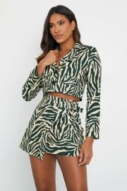 Green Cropped Zebra Printed Blazer  at I SAW IT FIRST