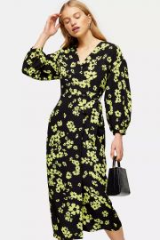 Green Daisy Print Drama Sleeve Wrap Dress at Topshop