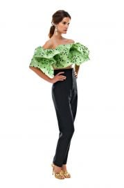 Green Polka Double Ruffle Top at Bambah