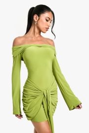 Green Twist Detail Off Shoulder Flare Long Sleeve Mini Dress USA at Boohoo