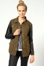 Green and leather jacket at Boohoo at Boohoo