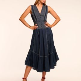 Grega Cotton Poplin V-Neck Midi Dress in navy Ramy Brook at Ramy Brook