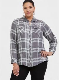 Grey Plaid Button Front Shirt by Torrid at Torrid