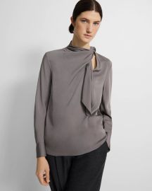 Grey Silk Georgette Twisted Scarf Blouse at Theory