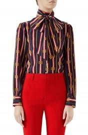 Gucci Chain Belt Print Silk Bow Neck Blouse at Nordstrom