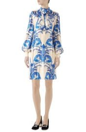 Gucci Dragon Print Twill Ruffle Neck Dress at Nordstrom