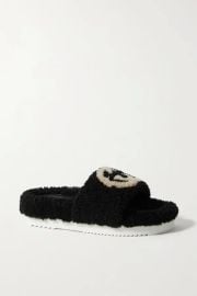 Gucci Eileen Logo Print Shearling Slides at Net a Porter