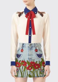 Gucci Embroidered Silk Shirt AlabasterRedBlue - at Bergdorf Goodman