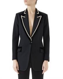 Gucci Peak-Lapel One-Button Wool Jacket w  Velvet Trim  amp  Pearl-Embroidery at Neiman Marcus