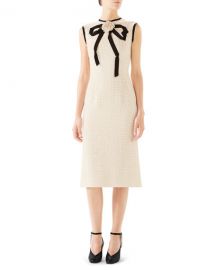 GucciRose-Front Bow-Neck Gauze Tweed Midi Dress at Neiman Marcus