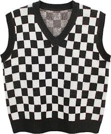 Gulajia Oversized Women Houndstooth Pattern Knit Sweater Vest Sleeveless Loose V-Neck 90s Waistcoat Pullover Knitwear Top at Womens Clothing store at Amazon