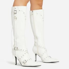 Gunner Eyelet Buckle Detail Pointed Toe Stiletto Heel Knee High Long Boot In Cream Faux Leather EGO at Ego