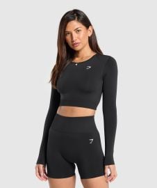 Gymshark Everyday Seamless Long Sleeve Crop Top - Black Gymshark at GymShark