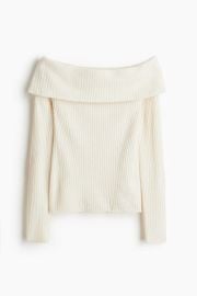 H M Rib Knit Off the Shoulder Top in Cream at H&M