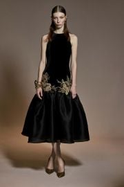 HALTER DROP WAIST DRESS WITH FLORAL APPLIQUE at Naeem Khan