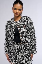 HERE WITH ME FRINGE BLAZER JACKET IN BLACK AND WHITE AKIRA at Akira