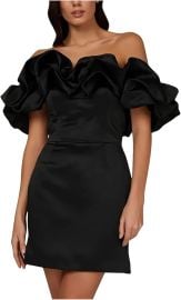 HGps8w Women\'s Off Shoulder Strapless Ruffle Trim Elegant Satin Dresses Sexy Sleeveless Mini Bodycon Cocktail Party Dress at Amazon