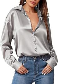 HOTOUCH Women Satin Silk Button Down Shirt Ladies Long Sleeve Tops V Neck Loose Blouse Dressy Business Casual Work Tunic Fall at Amazon