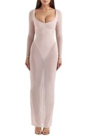 HOUSE OF CB Everly Long Sleeve Sheer Mesh Cocktail Maxi Dress at Nordstrom
