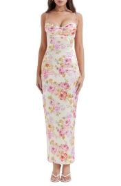 HOUSE OF CB Josefina Floral Bustier Bodice Stretch Satin Body-Con Dress at Nordstrom