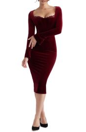 HOUSE OF CB Lace Trim Long Sleeve Velvet Midi Dress at Nordstrom