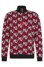 HUGO - Cotton zip-neck sweatshirt with all-over logos at Hugo Boss