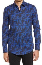 HUGO BOSS Hank Slim Fit Leaf Print Stretch Dress Shirt in Navy  at Nordstrom