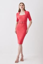 Half Sleeve Scuba Crepe Belted Midi Pencil Dress at Karen Millen