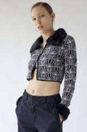 Hallie Faux Fur Trim Jacquard Cardigan at Urban Outfitters