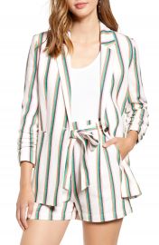 Halogen   Stripe Ruched Sleeve Cotton Blend Blazer  Regular  amp  Petite    Nordstrom at Nordstrom