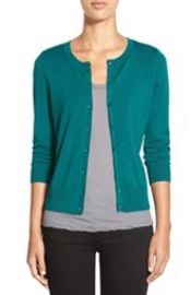 Halogen Three Quarter Sleeve Cardigan in Green Storm at Nordstrom