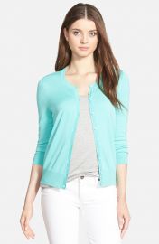 Halogen Three Quarter Sleeve Cardigan in Teal Ripple at Nordstrom