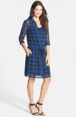 Halogenand174 Plaid Sheer Drawstring Shirtdress in Navy at Nordstrom