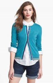 Halogenand174 Three Quarter Sleeve Cardigan in green stripe trim at Nordstrom