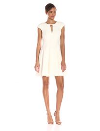 Halston Heritage Cap-Sleeve Rounded Neck Dress with Hardware Details at Amazon