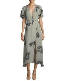 Halston Heritage Flutter-Sleeve Printed Silk Faux-Wrap Dress at Neiman Marcus