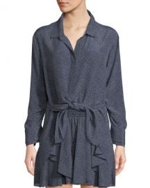 Halston Heritage Ruched-Sleeve Dot-Print Tie-Front Shirt at Neiman Marcus